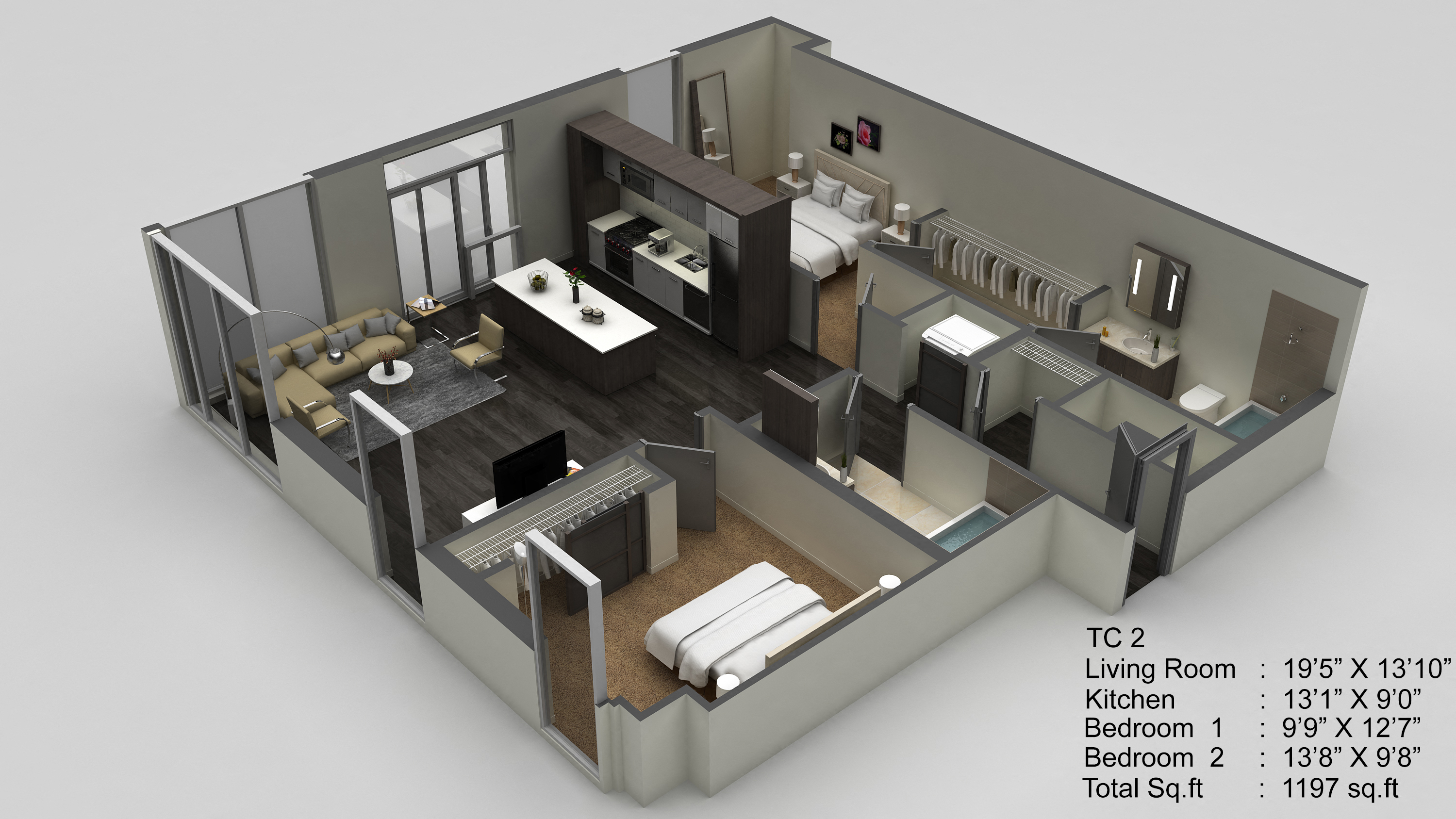 Floor plan for 2 beds, 2 baths, 1197 sqft
